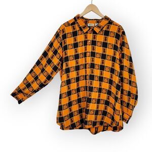 Collections Ect Pumpkin and Cat Plaid Button-Down Collared Shirt Halloween